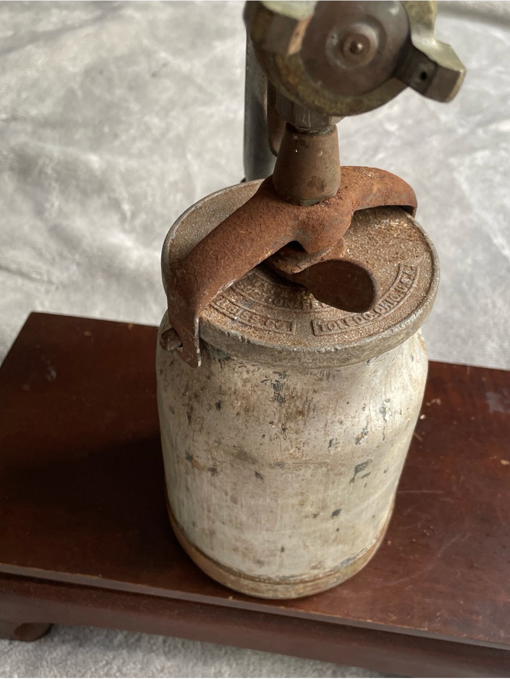 Antique Rustic Metal Spray Can with Rusted Top - White and Brown